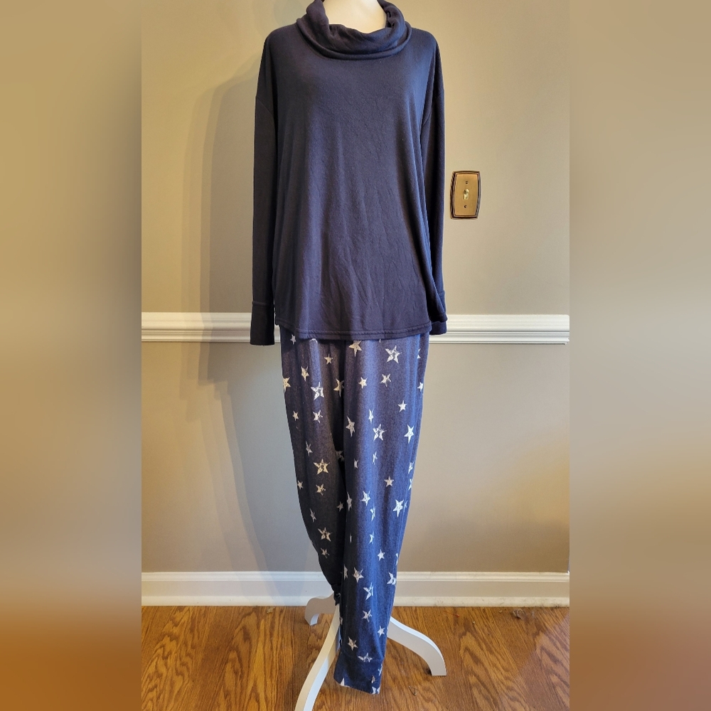 Cozy Navy Pajama Lounge Set L Cowl Neck Stop Star Pattern Leggings